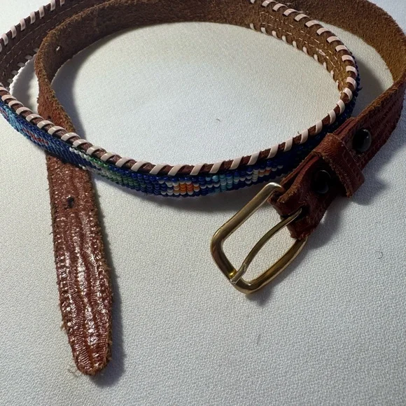 Vntg Native American Beaded Leather Thunderbird Tooled Handcrafted Belt - Picture 3 of 3